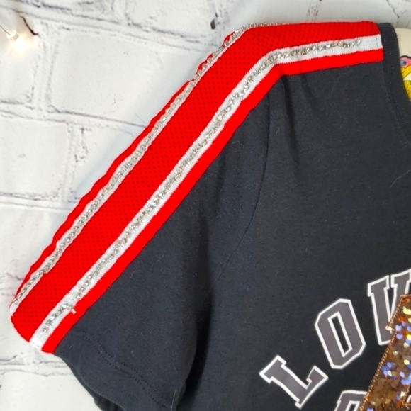 2018 Victoria's Secret PINK Sequin Rhinestone Black Red Tee Tshirt Size Small - Picture 7 of 14